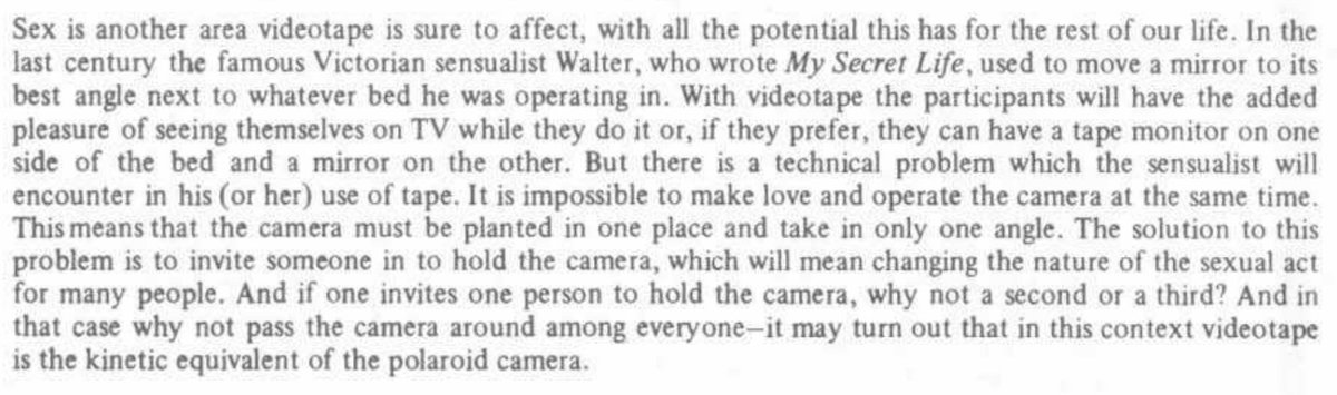 When videotape first came on consumer market, it led to the inevitable question: How should we use it during sex? Here's one stab at it, from a video newsletter in 1970: