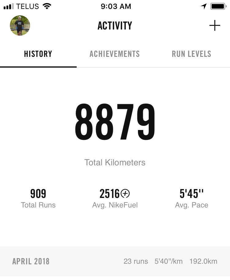 More distance logged in my <a href="/newbalance/">New Balance</a> Zantes and with the nike running club:  192 kms for April, 636 ytd, and 8879 since March 2014 with the nike running club, keep it movin' people @nikerunning