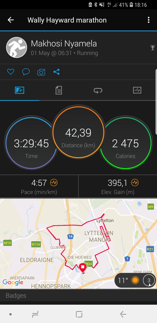 Makh0si's tweet photo. Did my first sub 3:30 for a marathon at Wally Hayward today. Sure the route was easy but still. I was particularly pleased with my negative splits. #NegativeSplitsPositiveVibes https://t.co/vXzoNe4WFM