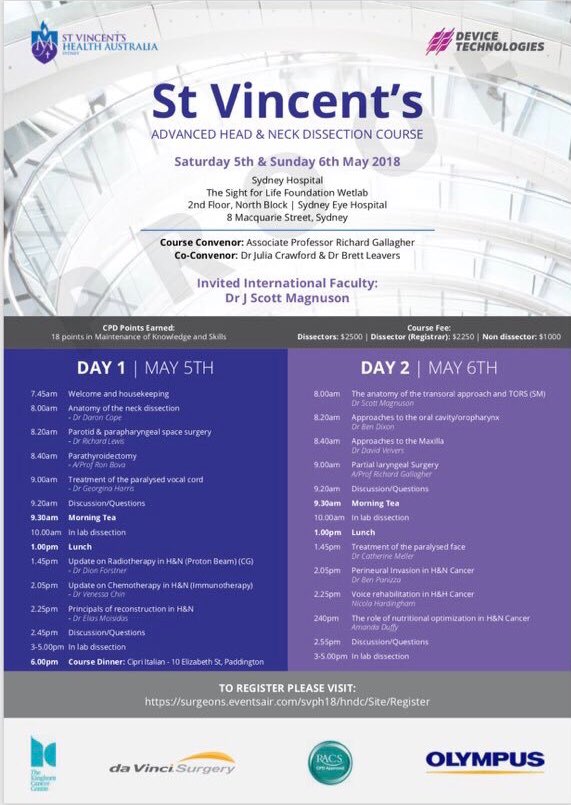 throatsurgeon's tweet photo. Gearing up for a big week next week. This weekend I’m running the St Vincent’s Advanced Head and Neck Dissection Course with @drjuliaENT @AirwaySurgeon @scottmagnusonmd and on Tues I’m speaking at #RACS18 on ‘Transoral Robotic Surgery (TORS) in Australia’. https://t.co/6sy35ADwsA https://t.co/3kT4zV81eP