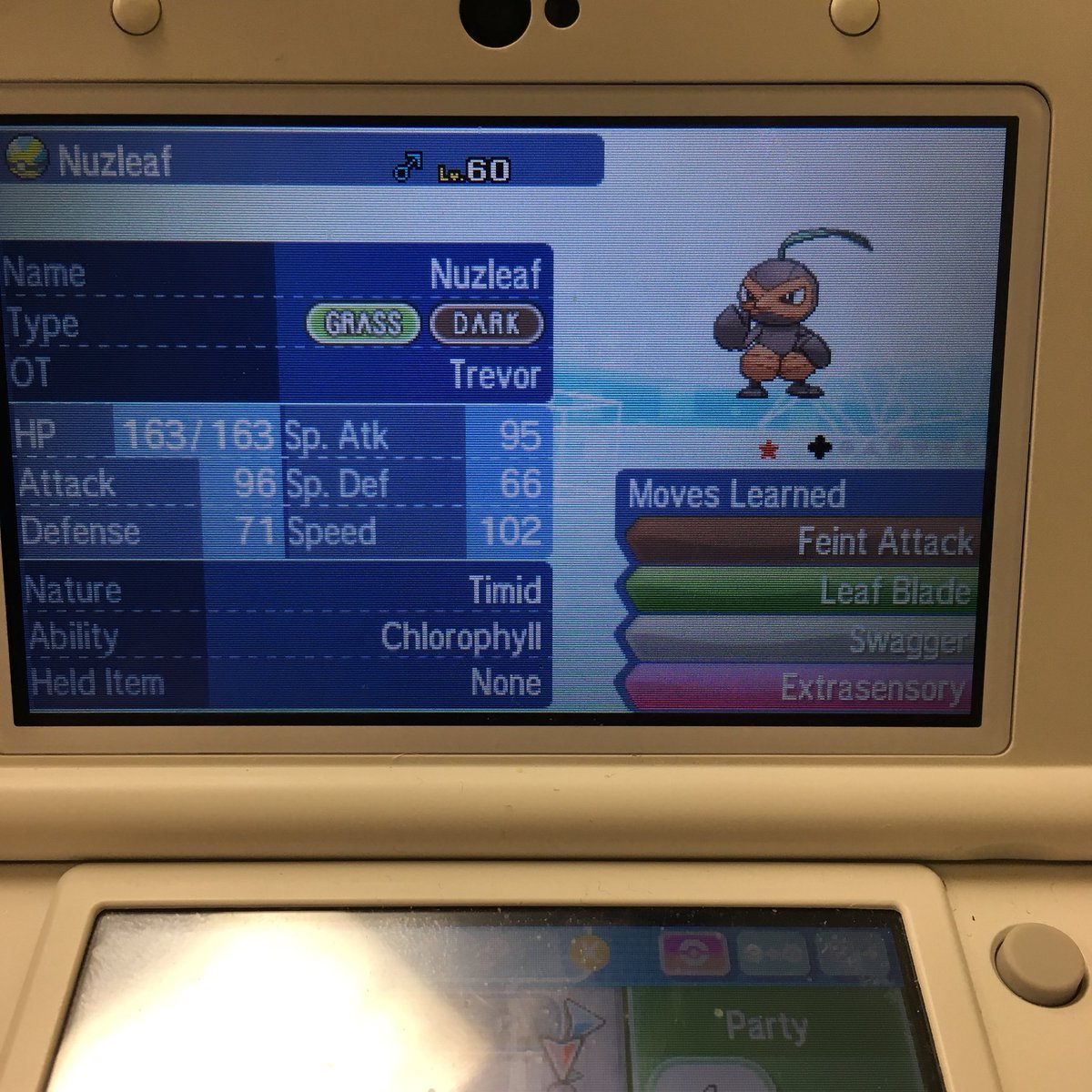 PokeFanTrevor's tweet photo. Got my FIRST wormhole #shiny in #PokemonUltraSun Shiny #Nuzleaf FINALLY #Pokemon #shinypokemon #wormholeshiny #shinyhunting @Ppenguin66 @Hound00med https://t.co/rlgBoVzfmo
