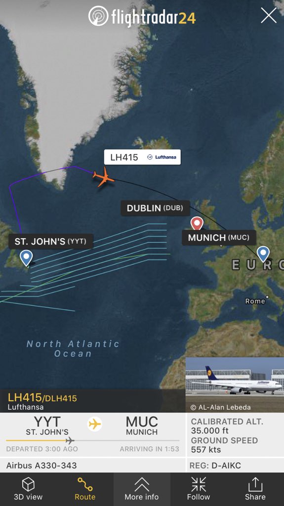 FlightIntl's tweet photo. Lufthansa flight #LH415 from Washington to Munich diverted to St. John‘s (YYT) earlier and is continuing to MUC via Dublin now (according to https://t.co/FdqHvV6clX) https://t.co/84tLe9BbfC