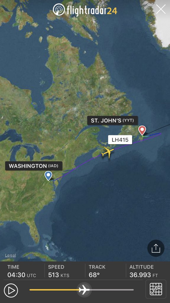 FlightIntl's tweet photo. Lufthansa flight #LH415 from Washington to Munich diverted to St. John‘s (YYT) earlier and is continuing to MUC via Dublin now (according to https://t.co/FdqHvV6clX) https://t.co/84tLe9BbfC