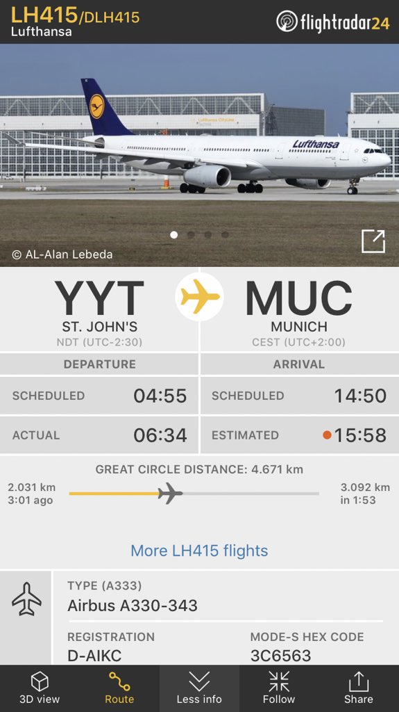 FlightIntl's tweet photo. Lufthansa flight #LH415 from Washington to Munich diverted to St. John‘s (YYT) earlier and is continuing to MUC via Dublin now (according to https://t.co/FdqHvV6clX) https://t.co/84tLe9BbfC