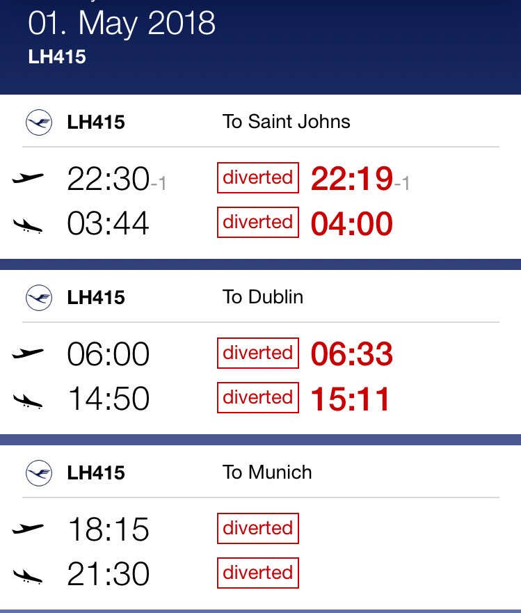 FlightIntl's tweet photo. Lufthansa flight #LH415 from Washington to Munich diverted to St. John‘s (YYT) earlier and is continuing to MUC via Dublin now (according to https://t.co/FdqHvV6clX) https://t.co/84tLe9BbfC