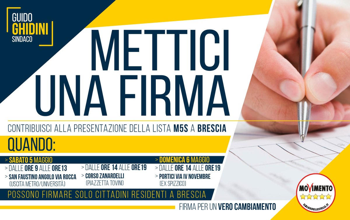 GhidiniGuido's tweet photo. #UnaFirmaPerIlCambiamento!
Anche il prossimo fine settimana raccoglieremo firme per presentare la lista del @Mov5Stelle alle elezioni comunali. Per firmare è necessario essere residenti a #Brescia, contribuite con la vostra! Venite a trovarci, portate un amico e passate parola! https://t.co/Y5P1LczLyn