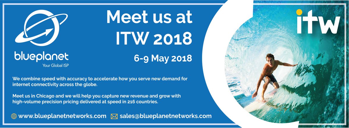 Iceblueinternet's tweet photo. Will you be attending #ITW2018? 

Blue Planet Networks will be at ITW 2018 in Chicago from May 6th -9th 2018! We look forward to meeting you there. 
We are leaders in Carrier-Grade Internet Connectivity that simplify and accelerate how you connect enterprise locations globally. https://t.co/RQIg9TqGGo