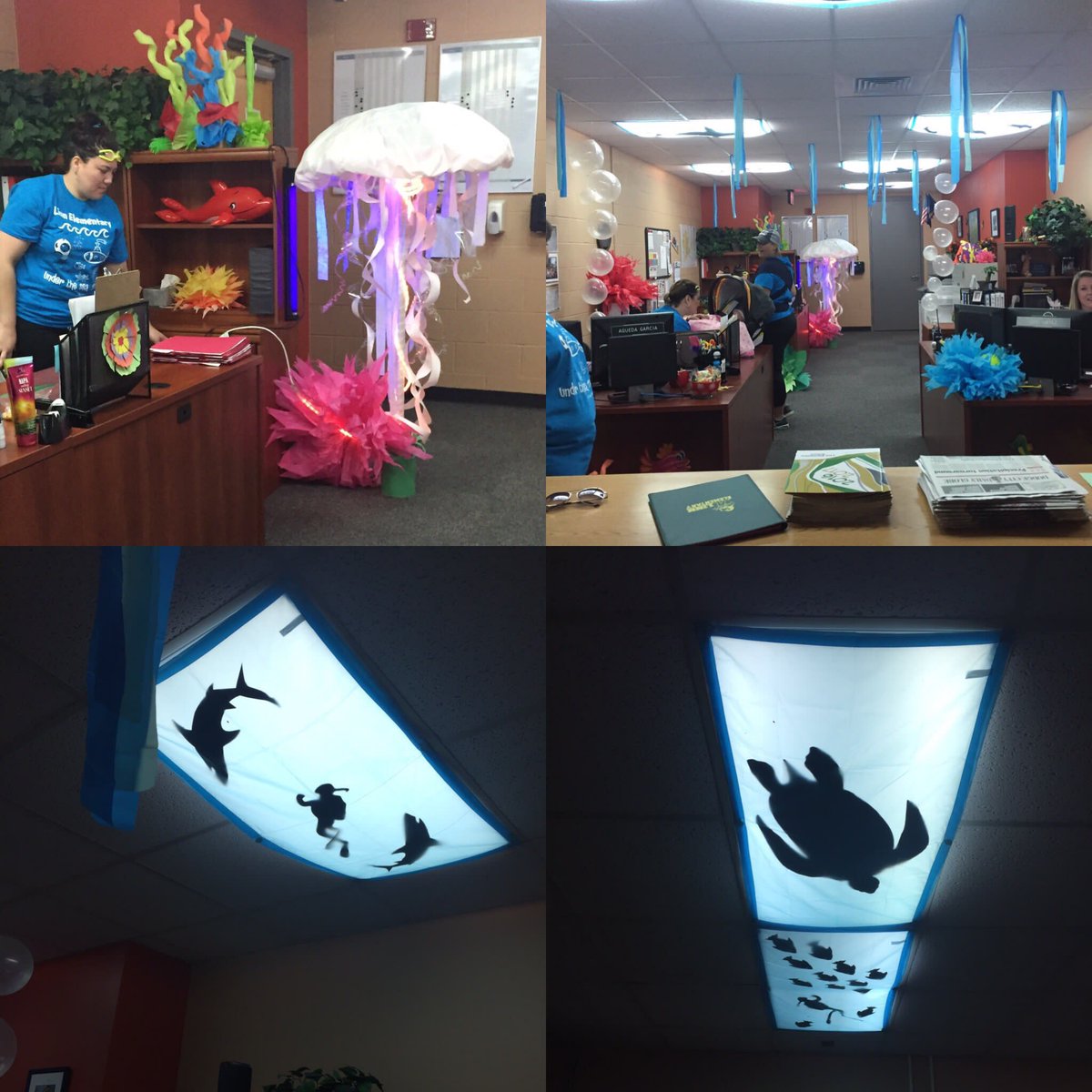 baugha's tweet photo. A2-I am so lucky, the majority of my staff helps!We also have a community business partner who sends employees! Here is a picture of our front office during our “Under the Sea” Field day! The Ss loved going for “swim” through the office! #kshperdchat #Slowchat #physed @dc_linn https://t.co/i4eLSMgH3Z