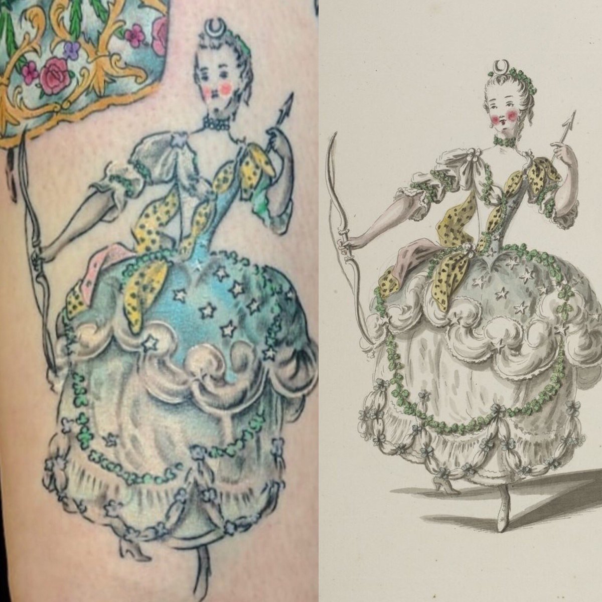Katy Werlin on X: "My new tattoo is done!! So in love with my 18th-century ballet dancers. Here's a side-by-side comparison of my tattoos with the original images! Original images at the @