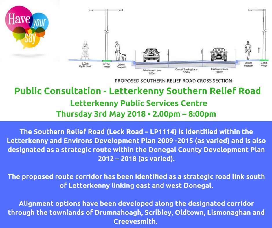 We want to hear from you! Public consultation on the Letterkenny Southern Relief Road is taking place on the 3 May 2pm - 8pm in Letterkeny Public Service Centre. <a href="/RoadsDCC/">RoadsDCC</a> <a href="/DonegalMaps/">DonegalMaps</a> <a href="/DonegalLibrary/">Donegal County Library</a> <a href="/Donegalcomuseum/">Donegal County Museum</a>  #Donegal #Roads #PublicConsultation #Letterkenny
