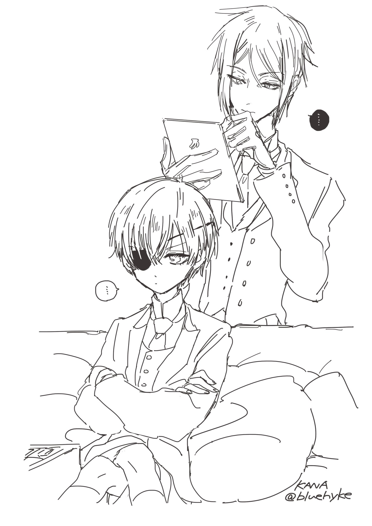 Kana No Twitter フリーペーパー用にもラフですが黒執事イラスト寄稿させて頂きました セバスの持ってるやつはタブレットで 将棋の戦局を見てます シエルは長考中