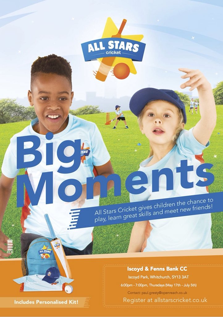 Only a couple of weeks till our All-Stars programme kicks off on Thursday 17th May! For all children aged 5-8! ecb.clubspark.uk/AllStars/At/if…