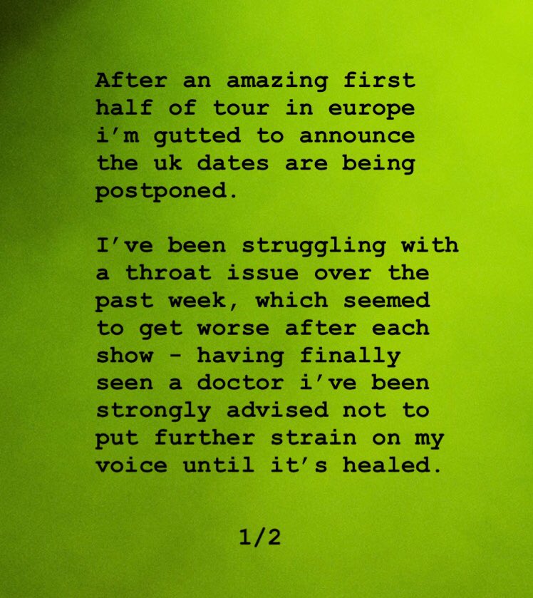 DALEYmusic's tweet photo. To my UK family... 🖤 Hope you can still join me when I’m back at 100% - so sorry to drop it on you at 11th hour, but this is on doctors advice.

Your tickets will be valid for the new dates, announcing soon. Promise to make it worth the wait!

Love + appreciate you. D x https://t.co/ptTyRibtON