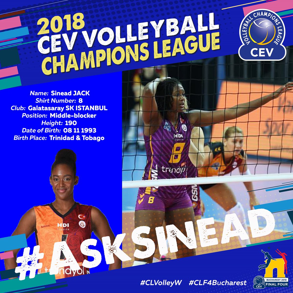 CEVolleyballCL's tweet photo. Have your questions ready on Friday, because @GSVoleybol1905 super star @sineadcjack will take over this account from Bucharest! 

13.00 CET this Friday she will answer all of your questions for one hour, have them ready with the hashtag #AskSinead! https://t.co/M14l8KUjnK