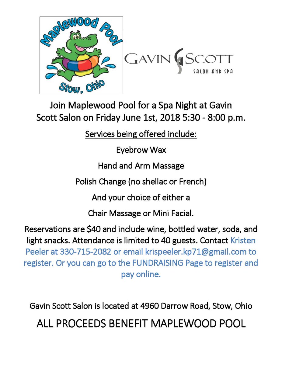 Come join us for a Maplewood Spa Night at Gavin Scott Salon in Stow!! June 1st from 5:30 - 8pm. Hurry and register now, we are limited to 40 spots for this event. See the flyer below or go to maplewoodpool.com for more information and to reserve your spot!