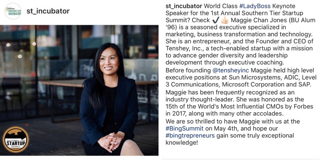 tensheyinc's tweet photo. Join our Founder and CEO @maggiecj at the Southern Tier Start-Up Summit on May 4th to learn more about her journey as a #womenentrepreneur and her vision for the future.  Click this link to register! https://t.co/gmVoef0VYj #BingSummit https://t.co/UKjNDYKjQj