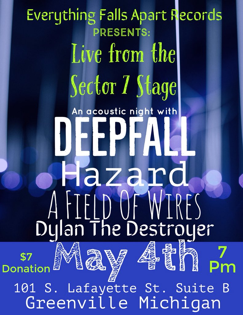 efarecords's tweet photo. Stop by our store this Friday and check out @DeepfallBand, #hazard, @afieldofwiresmi and #dylanthedestroyer       You won’t want to miss this show! $7 for 3+ hours of #live #entertainment from some great #local #michigan #bands.       #everythingfallsapartrecords https://t.co/n6GmMCJSxH