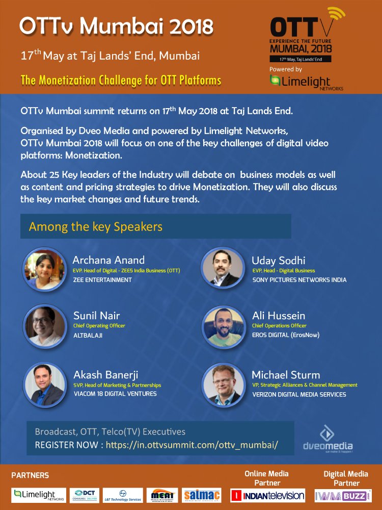 OTTvMumbai2017's tweet photo. #OTTv Mumbai 2018-17th May at Taj Lands End. Theme: #Monetization of OTT Platforms. Powered by @llnw with the partnership of @DigConTech_inc  and @LnTTechservices, as well as @TheMEAI . Online Media Partner @ITVNewz . Digital Media Partner @iwmbuzz https://t.co/1KRD75QOzm