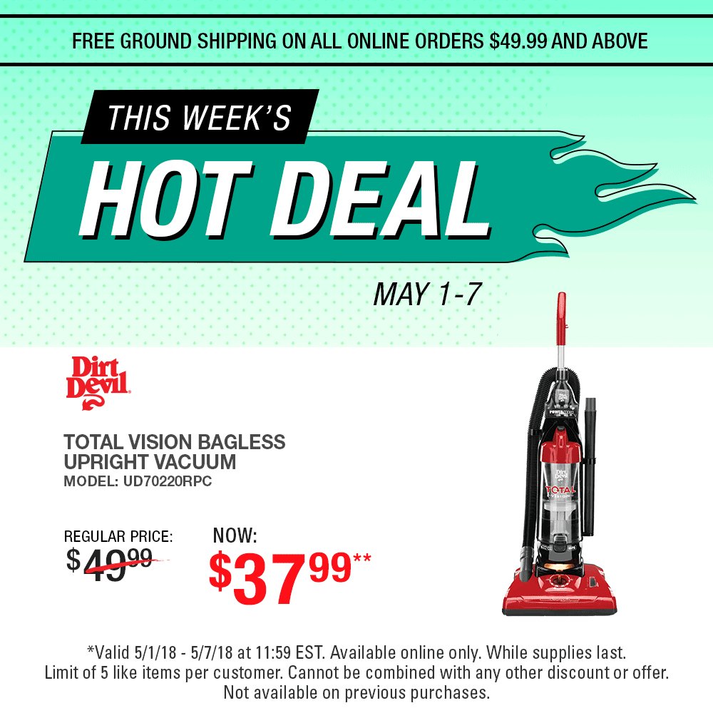 Our Floorcare Deal of the Week is LIVE!  Buy this Dirt Devil Total Vision Bagless Upright Vac for #only $37.99.  Buy now:  directtoolsoutlet.com/catalog/produc…