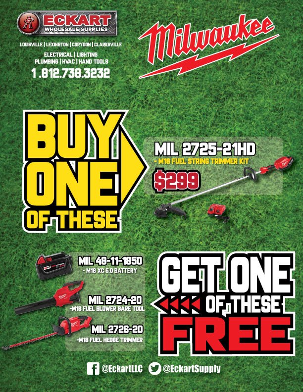 EckartSupply's tweet photo. 🌞🌞Summer is coming! Don't be that one yard in the neighborhood, you know the one. Stop in or call us to find out how you can take advantage of this amazing offer from @MilwaukeeTool! #proyard #bogo #Milwaukee https://t.co/kbzqG5OA8q