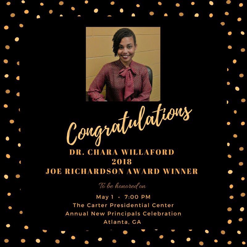 PrincipalsCtr's tweet photo. Tonight we will celebrate 🎊 our 2018 Joe Richardson Award Honoree for Exemplary Leadership: Dr. @CharaNWillaford. Congratulations🏆!!!
Please see our Press Release for more details: https://t.co/5byi2SwkL7
#SchoolPrincipalsDay 
#PrincipalsCtr @ARTScholars https://t.co/xKFAFH1CVJ