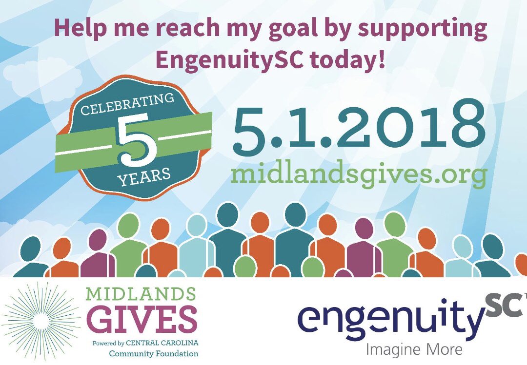 klhamilton84's tweet photo. Hey Midlands and Columbia friends - it’s #MidlandsGives and the nonprofit that i’ve been a part of for nearly 5 years, @EngenuitySC is participating! A small contribution to my Champion Page would MAKE MY DAY. Probably my month. https://t.co/qAPwOJZGoN https://t.co/3N8ebIzucQ