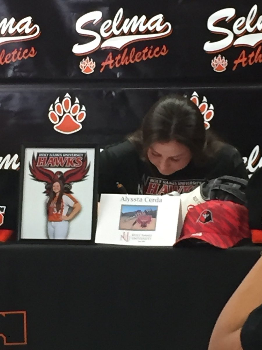 SelmaHSSoftball's tweet photo. Yesterday was signing day for our catcher, Aly Cerda! We wish her the best as she moves on to play at Holy Names in the Bay! https://t.co/iEKfK4aFbG
