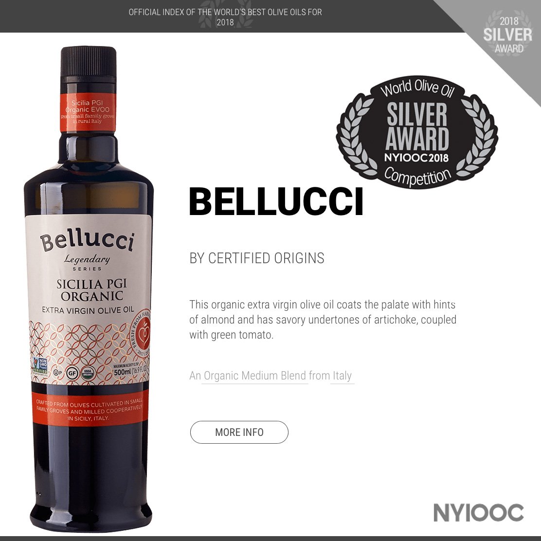 BellucciPremium's tweet photo. The #NYIOOC, held each April in NYC, is the world's largest and most prestigious olive oil contest! @BellucciPremium was recognized with a Silver Award for our Sicilia PGI Organic - #Silver #Award #organic #Italian #EVOO #Bellucci #TrustThroughTraceability https://t.co/U5Yo8uE4fa