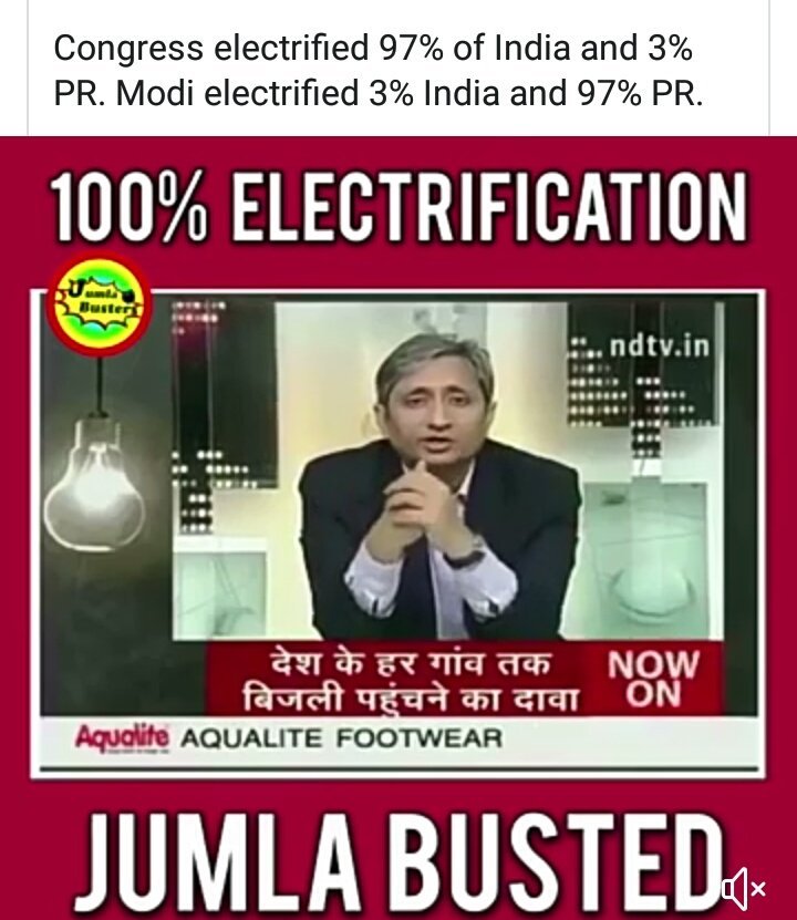nsuipuchd's tweet photo. Recently BJP tried to claim the credit for electrifying 100% Indian villages. It now turns out that:
1. 97% villages were electrified by @INC.
2. Many reports are coming from different places about the villages which have not yet received electricity.
@Fairoz_JK @nsui @guptar https://t.co/3yO8A1A8DF