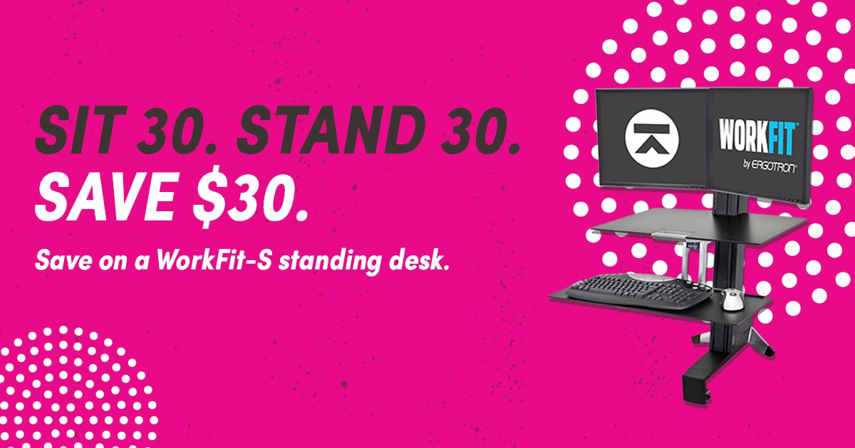 Ergotron's tweet photo. We call it the #SitStandSwitch: alternate between sitting and standing every 30 minutes.
And now you can save $30 on one of our best-selling products: the WorkFit-S.
Shop: https://t.co/FtgDbEeehc https://t.co/eKjhlVzbMx