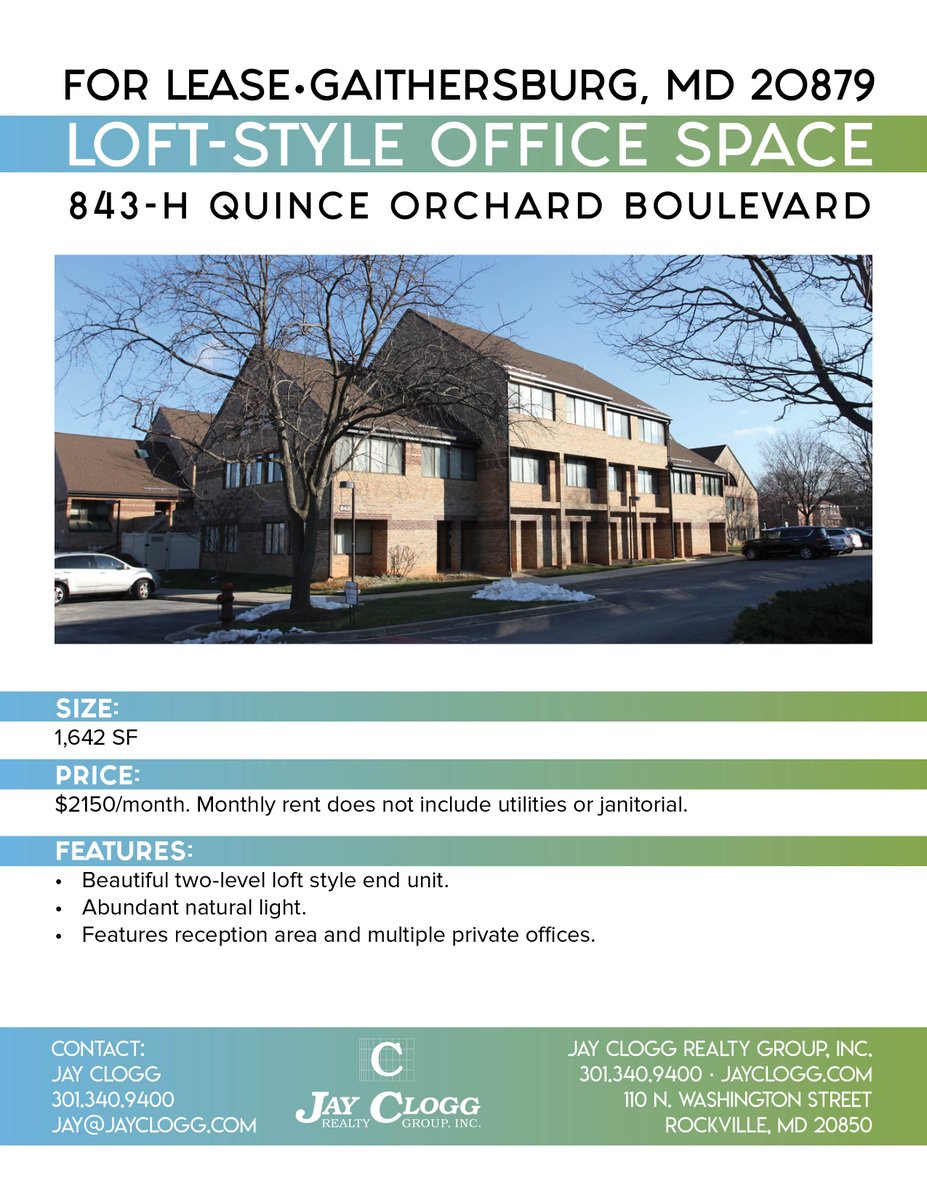 New Listing in #Gaithersburg! #Loft Style Office Space for Lease! Call 301-340-9400 or visit JayClogg.com to find out about this and out many other spaces across #Maryland! #cre #realestate #commercialrealestate #commercial #md #office #space #lease #rent #sell #buy