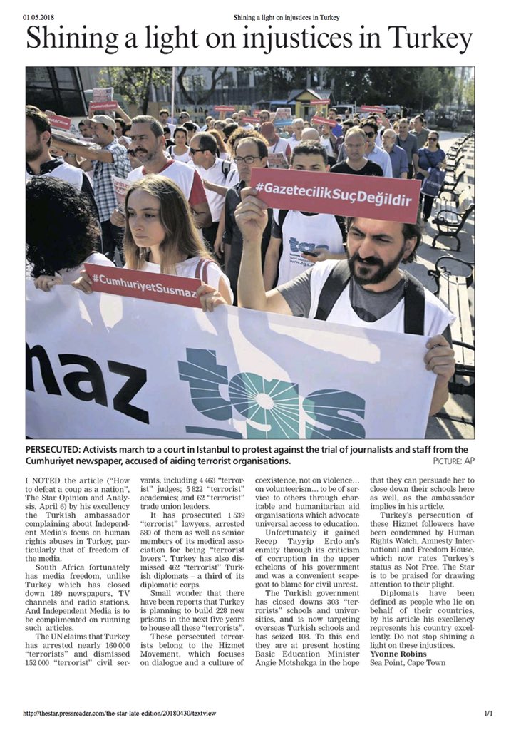 setthemfreeSA's tweet photo. Reader comment from #CapeTown published in @TheStar_news “Shining a light on injustice in Turkey” #StandUp4Turkey @UNHumanRights @hrw @amnesty @AmnestySAfrica @freedomhouse @FreedomHouseAfr @AngieMotshekga https://t.co/dYW2NxQWtC