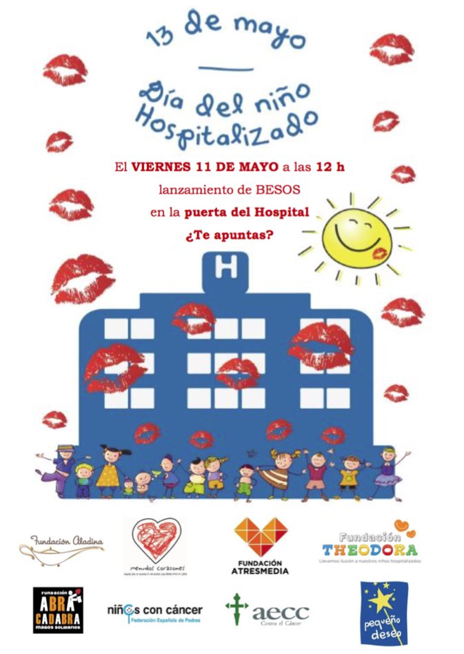 FundAladina's tweet photo. El 13 de mayo celebraremos el Día del Niño Hospitalizado. Para celebrarlo haremos un lanzamiento masivo de besos el viernes 11 de mayo a las 12:00h en el Hospital Niño Jesús. 💋  ¡Ayúdanos a que todo el mundo se entere y vea el videoclip! https://t.co/8AmM4K9gR3 https://t.co/iIrzoKFi54
