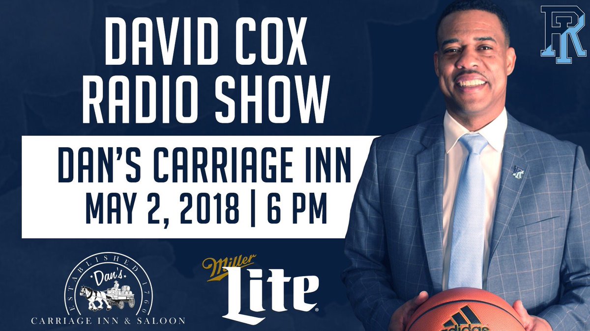 Rhody Nation! Head over to Dan’s Carriage Inn in North Kingstown tomorrow, May 2nd at 6pm for the first ever “David Cox Radio Show”! Great food, drinks &amp; meet <a href="/RhodyMBB/">Rhody MBB</a>’s new head coach. What else could you ask for? See you there! #GoRhody
