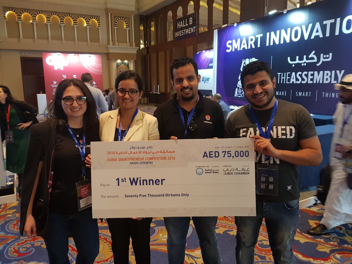 thisisaby's tweet photo. Ladies and gentlemen, the first prize winners for this year's #DXBSmartComp: @Wake_Cap! Celebrate, guys. #DigitalSummit2018 #Dubai #UAE https://t.co/VuumO5bHHz