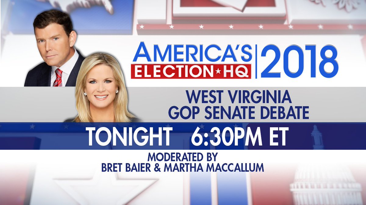 Fox News (@foxnews) on Twitter photo TUNE IN: The West Virginia GOP Senate Primary Debate moderated by <a href="/BretBaier/">Bret Baier</a> and <a href="/marthamaccallum/">Martha MacCallum</a> - Coming up at 6:30p ET on Fox News Channel! bit.ly/2Fnimns TUNE IN: The West Virginia GOP Senate Primary Debate moderated by <a href="/BretBaier/">Bret Baier</a> and <a href="/marthamaccallum/">Martha MacCallum</a> - Coming up at 6:30p ET on Fox News Channel! bit.ly/2Fnimns
