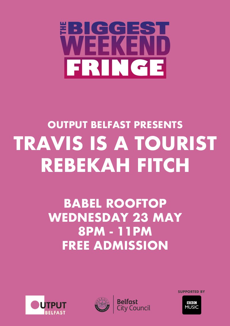 We’re excited for @bbcmusic’s #BiggestWeekend later this month. We’ve got a very special show at <a href="/BabelBelfast/">Babel Belfast</a> on 23 May with <a href="/Travis_ismyname/">travis is a tourist</a> &amp; <a href="/rebekahfitch/">Rebekah Fitch</a>. FREE TICKETS available here: skiddle.com/e/13204737