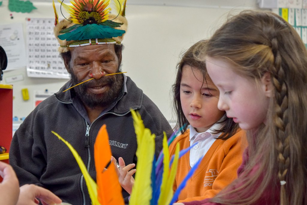 LyceeChurchill's tweet photo. What an honour it has been to welcome Mundiya Kepanga, respected leader of the Huli tribe in Papua New Guinea and Marc Dozier, Director and translator. They came to warn us about deforestation. For when the trees disappear, so will men!  #papou #deforestation #trees https://t.co/iUtQh6ctCn