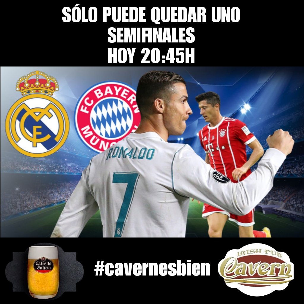 SÓLO PUEDE QUEDAR UNO!!! No te pierdas el partidazo de hoy, te esperamos para verlo juntos!!! #cavernesbien #champions #realmadrid #bayernmunich #beer #futbolycerveza