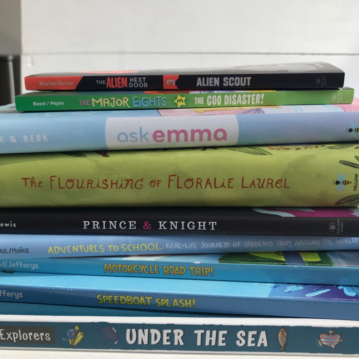 We're celebrating #childrensbookweek and #bookbirthdays for some amazing new books! Hooray for ASK EMMA, FLOURISHING OF FLORALIE LAUREL, PRINCE & KNIGHT, ADVENTURES TO SCHOOL, MAJOR EIGHTS #3, ALIEN NEXT DOOR #3, UNDER THE SEA, and SPEEDBOAT SPLASH!  #beeareader #cbw18