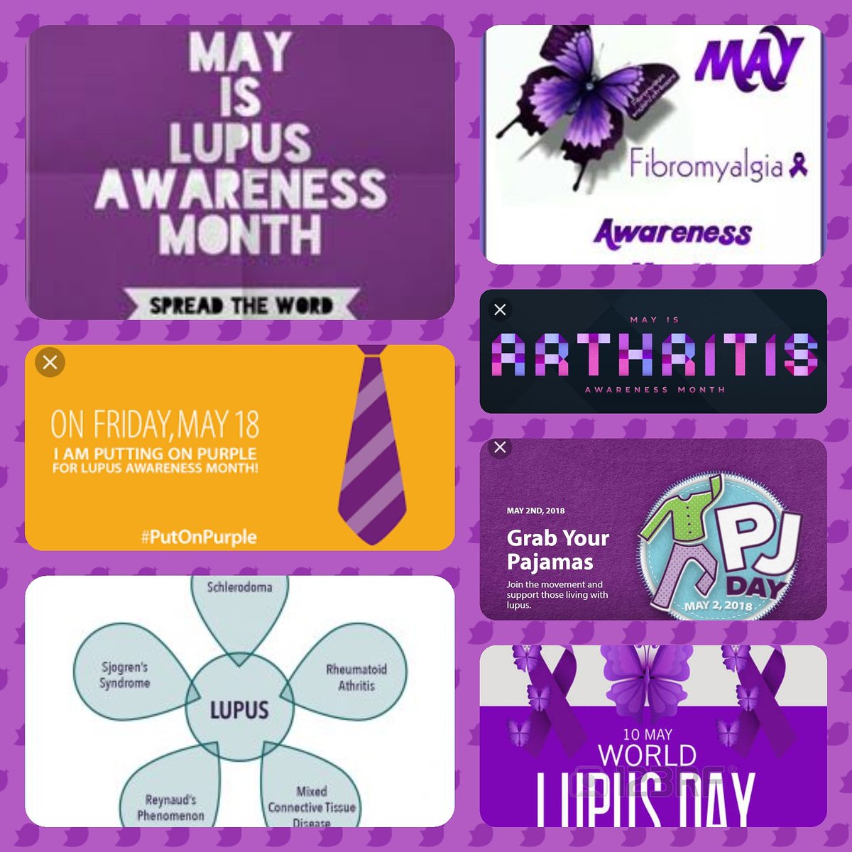 It's that time! MAY IS A PURPLE MONTH!! Happy #lupus #Mctd #fibro #Athritis Awareness month!
May 2 #pjday May 10 #worldlupusday may 12 #fibroawarenessday May 18  #putonpurpleday