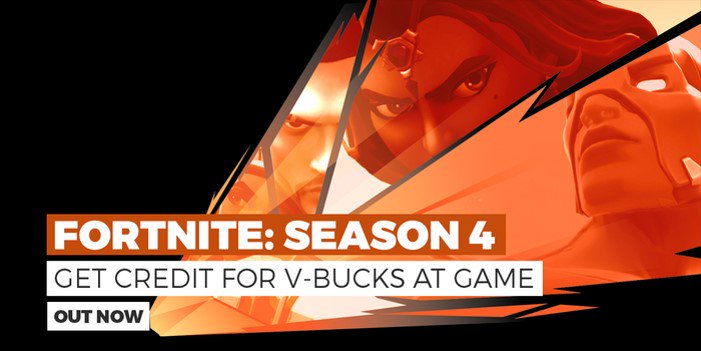 GAME_Barry's tweet photo. OMG !!! @FortniteGame season 4 is live now. Come and grab your #VBUCKS in store now. You can #tradein towards it too #tradeinandsave @GAMEdigital @EpicGames #season4Hype #Season4ATGame #season4fortnite https://t.co/98Xbs5XlNm
