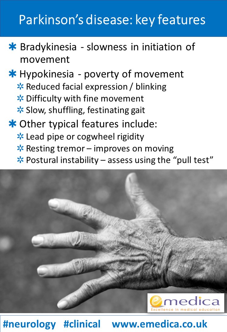 Emedica's tweet photo. What are the key features of Parkinson's disease? #PassSRA #PassAKT #PassCSA https://t.co/IlERHfMM50