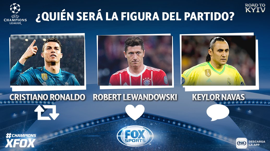 FOXSportsMX's tweet photo. RUMBO A KIEV...

¿Quién será el 'Caballero de las Noches Mágicas' en la #ChampionsxFOX? 

🔁 = Cristiano Ronaldo
❤ = Robert Lewandowski
💬 = Keylor Navas https://t.co/L3HruCdE0o