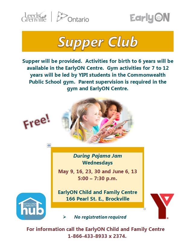 LG_EarlyYears's tweet photo. Join us for #SupperClub and lots of family fun at the #EarlyOn #Brockville Begins Wednesday May 9th #0to6 #7to12 #earlylearning #family #Bringafriend #Leedsgrenville #LeedsGrenvillefamilies #LeedsGrenvillechildrenservices https://t.co/RmqKKkBr3Q