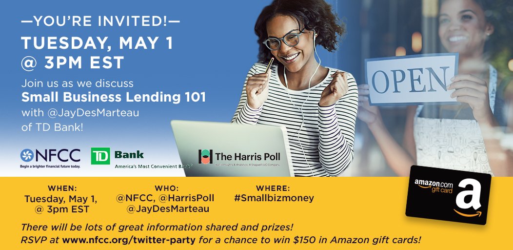 TDNews_US's tweet image. Twitter chat today at 3pm EST!@TDBank_US&apos;s @JayDesMarteau and @NFCC will be talking small business lending #Smallbizmoney
