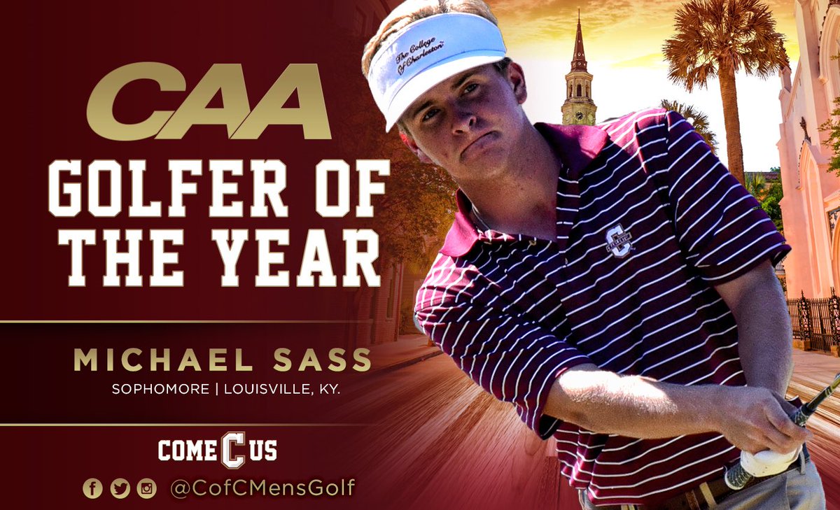 CofCMensGolf's tweet photo. CAA Rookie of the Year in 2017 to CAA Men’s Golfer of the Year in 2018 ... Congratulations to sophomore Michael Sass! #comeCus https://t.co/6hcHz64M5W