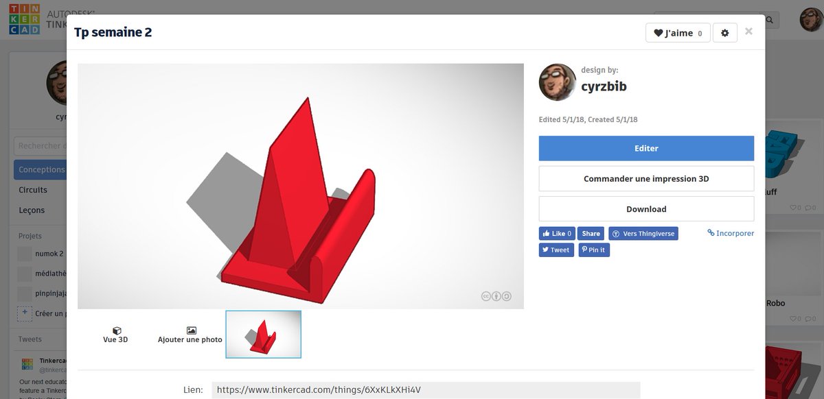 CyrZbib's tweet photo. Obligé de travailler mon #mooc #impression3d un #1erMai pour rattraper mon retard #moocfab😀#semaine2 #tinkercad #workhardplayhard En espérant pas confondre vitesse et précipitation ^^ https://t.co/aIaYICUuU6