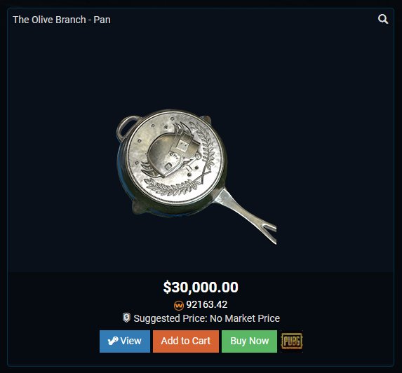 PUBGShowcase's tweet photo. The #PUBG 'The Olive Branch - Pan' is listed on @opskinsgo for $30k! 😲🤑💰  
Check it out here: https://t.co/v0MRQwxAUH https://t.co/hJ04Cd5zDk