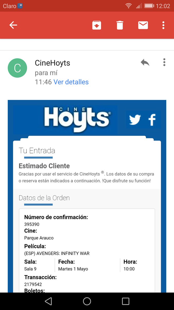 HebeFabiola's tweet photo. Decepcionada, recién hoy a las 11:46 me llegó el correo con las entradas y la película era a las 10:00 am. Exijo la devolución de mi dinero. Malísimo el sistema de compras por la App. Espero su respuesta como @CineHoytsChile nos hicieron pasar un mal rato. https://t.co/MrEFICvNbe